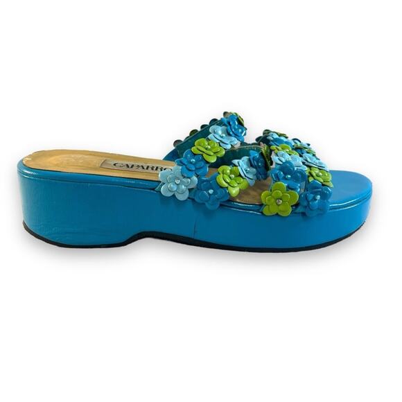 VINTAGE CAPARROS Turquoise Lime Floral and Bead Slide Platform Sandals SZ 6.5 - Picture 3 of 12